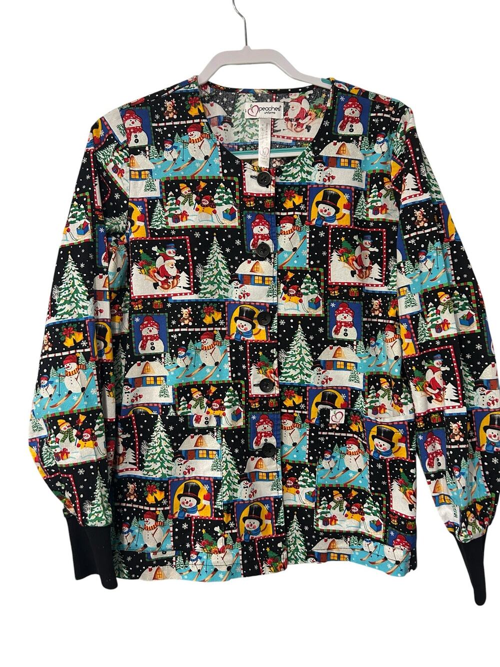 VTG Peaches Christmas Snowman Scrub Jacket Glitter Patchwork Holiday Nurse Med